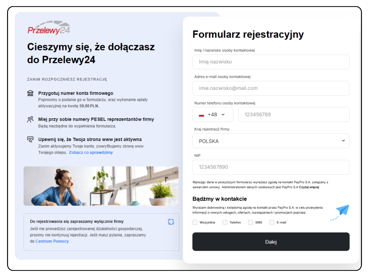 Formularz rejestracji sprzedawcy w panelu Przelewy24 - dane firmy